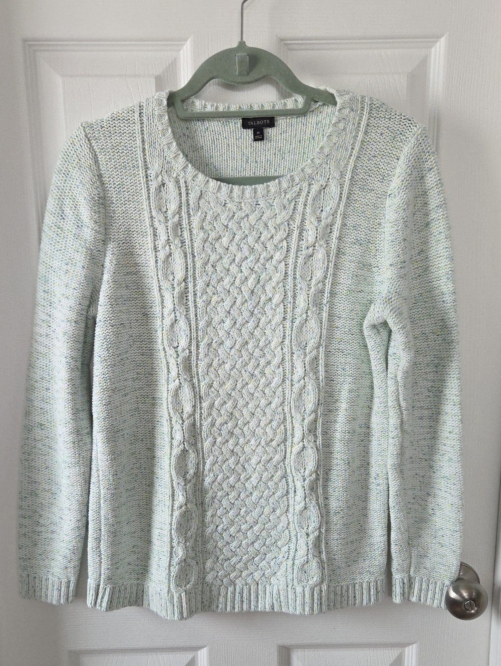 Talbots Cable Knit Sweater Pastel Blue Green Preppy Coastal Grandmother M